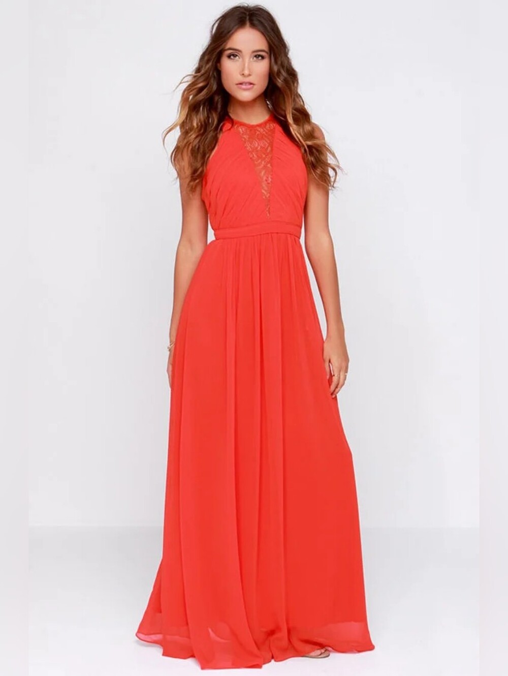 Bariano Francesca Coral Red Lace Maxi Dress Women's Size Medium NWT